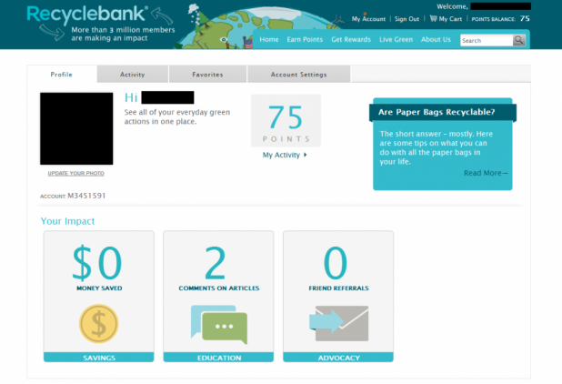 Screenshot der Profilseite von Recyclebank